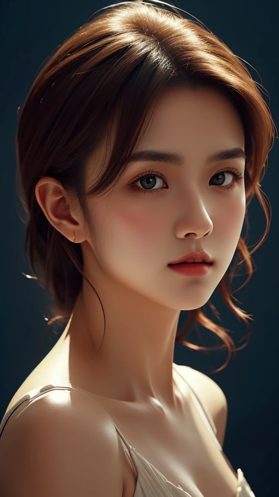 The artwork features a stunning portrait of a beautiful girl with a dark theme, ultra-sharp 16k CG, a masterpiece, excellent image quality, very delicate), (excellent lighting and shadows, exquisite and beautiful), truly smooth skin, bright face, displaying near-perfect 18k quality, versatile, lovely.