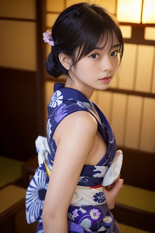 (masterpiece, Highest quality:1.4), Beautiful Face, 8k, 85mm, Absurd, (((Yukata at a Ryokan:1.1))), ((A loose yukata))、Open front、Face close-up, violet,, Delicate, alone, night, View your viewers, Upper Body,, Sophisticated, (smile:0.4), (Simple Background, Bokeh Background:1.2), detailed aspects,((Show one breast:1.2)、)((Very young and immature & Very few & Very flat chest:1.2),,1),(Showing anus from behind:1),(time々々Anal licking:1),(((Take off your yukata and show me your anus:1.2))),