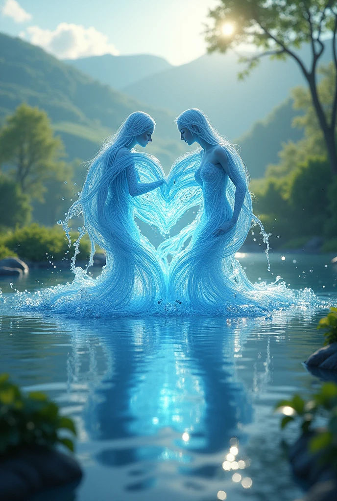 (photorealism:1.2), beautiful water design, beautiful figures made of water, masterpiece, a heart made of water with joyful landscape