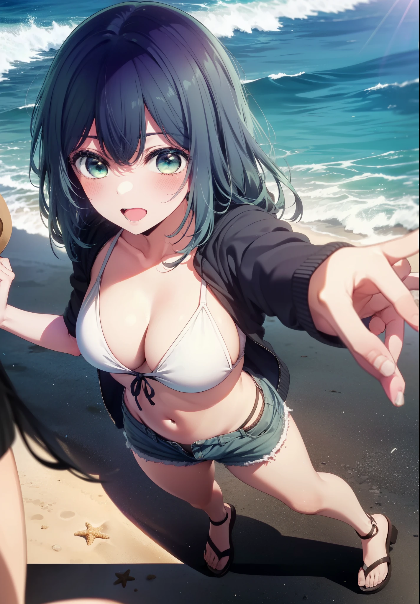 akanekurokawa, akane kurokawa, bangs, (Green Eyes:1.3), Blue Hair, Long Hair, dark Blue Hair,smile,blush,Open your mouth,Big Breasts,White Bikini Swimsuit,Shorts,Cute Sandals,Sandy Beachを散歩している,Walking,whole bodyがイラストに入るように,
break outdoors, Beach,Sandy Beach,
break looking at viewer,whole body ,
break (masterpiece:1.2), Highest quality, High resolution, unity 8k wallpaper, (figure:0.8), (Beautiful attention to detail:1.6), Highly detailed face, Perfect lighting, Highly detailed CG, (Perfect hands, Perfect Anatomy),