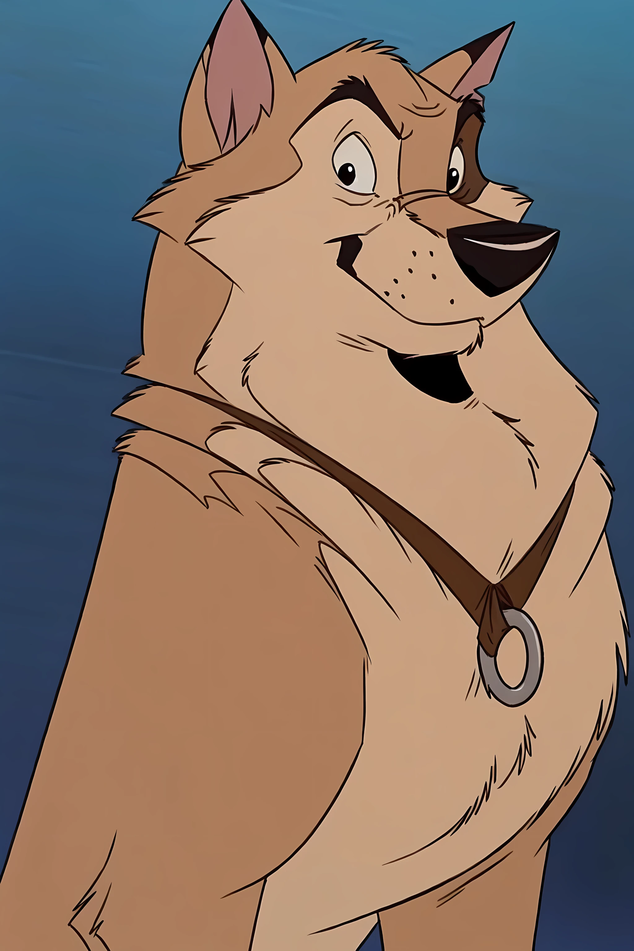 kaltag (balto), solo, detailed, detailed face, detailed eyes, feral, black lineart, black outline, male, muscular body, black eyes, cartoon shading, cel shaded:1.0, confident, proud, (stylized background, stylized snowflakes, blue background, gradient background, simple background):1.2, by wfa, by negger, posing, correct anatomy, correct proportions,