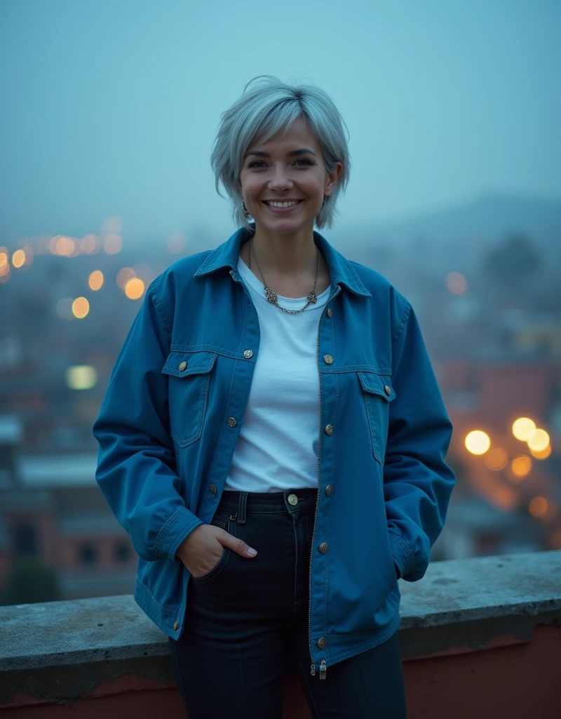 Professional photography, masterpiece, full body, beautiful 30 year woman, confident, charming, thin smile, trendy short silver hair, wearing a blue jacket , white t-shirt, long black jeans, attractive pose, on top of Mexican building, dramatic lighting, lens flare, glitter effect, resembling photo Sony 7000D, ultra realistic, high definition with added elements of rain or fog and cinematic effects like lens flare or motion blur, blue atmosphere