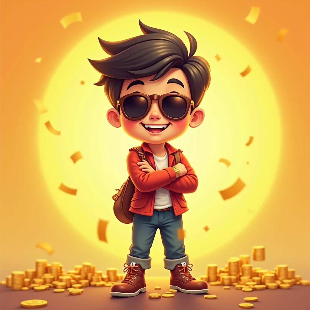 A lucky boy,Cartoon,Wear sunglasses,rich,jin shan,Bright background