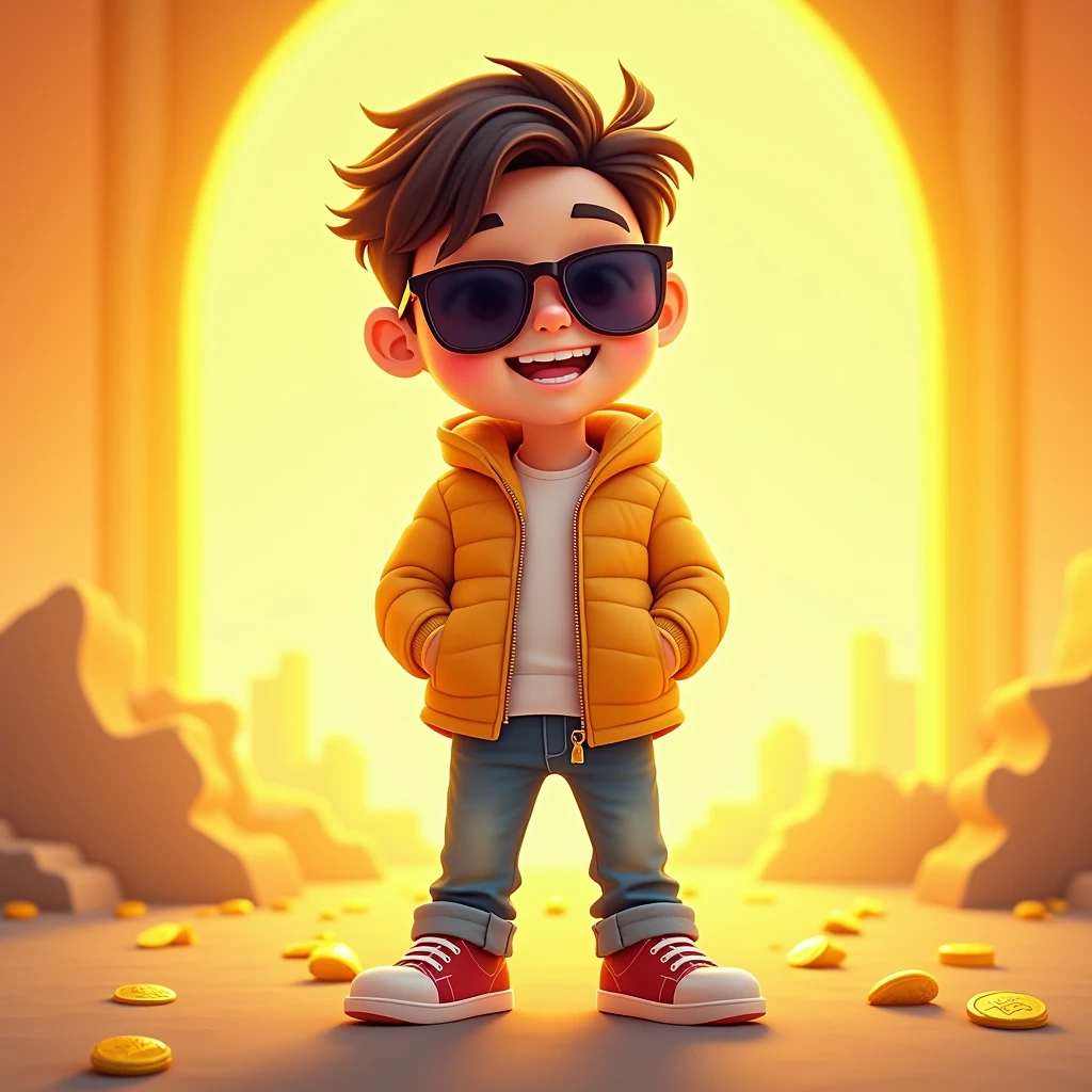 A lucky boy,Cartoon,Wear sunglasses,rich,jin shan,Bright background
