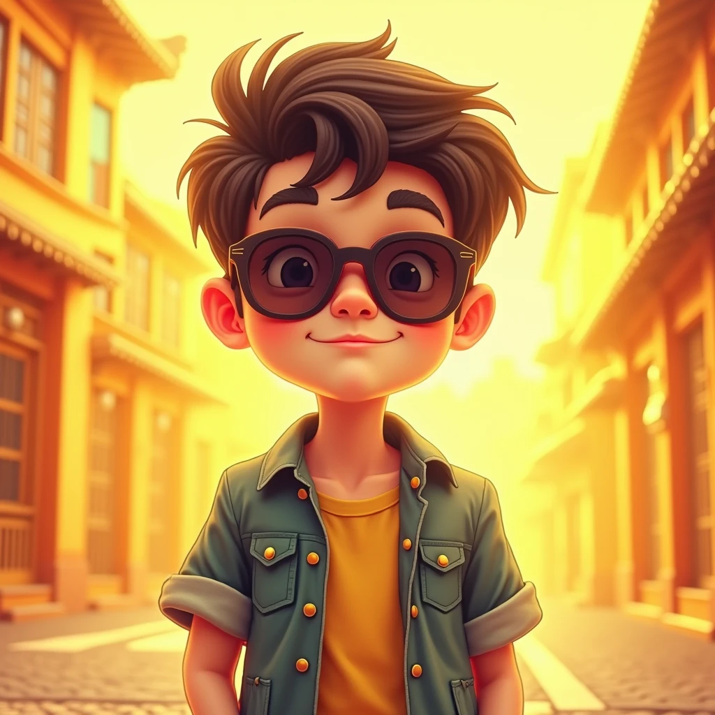 A lucky boy,Cartoon,Wear sunglasses,rich,jin shan,Bright background