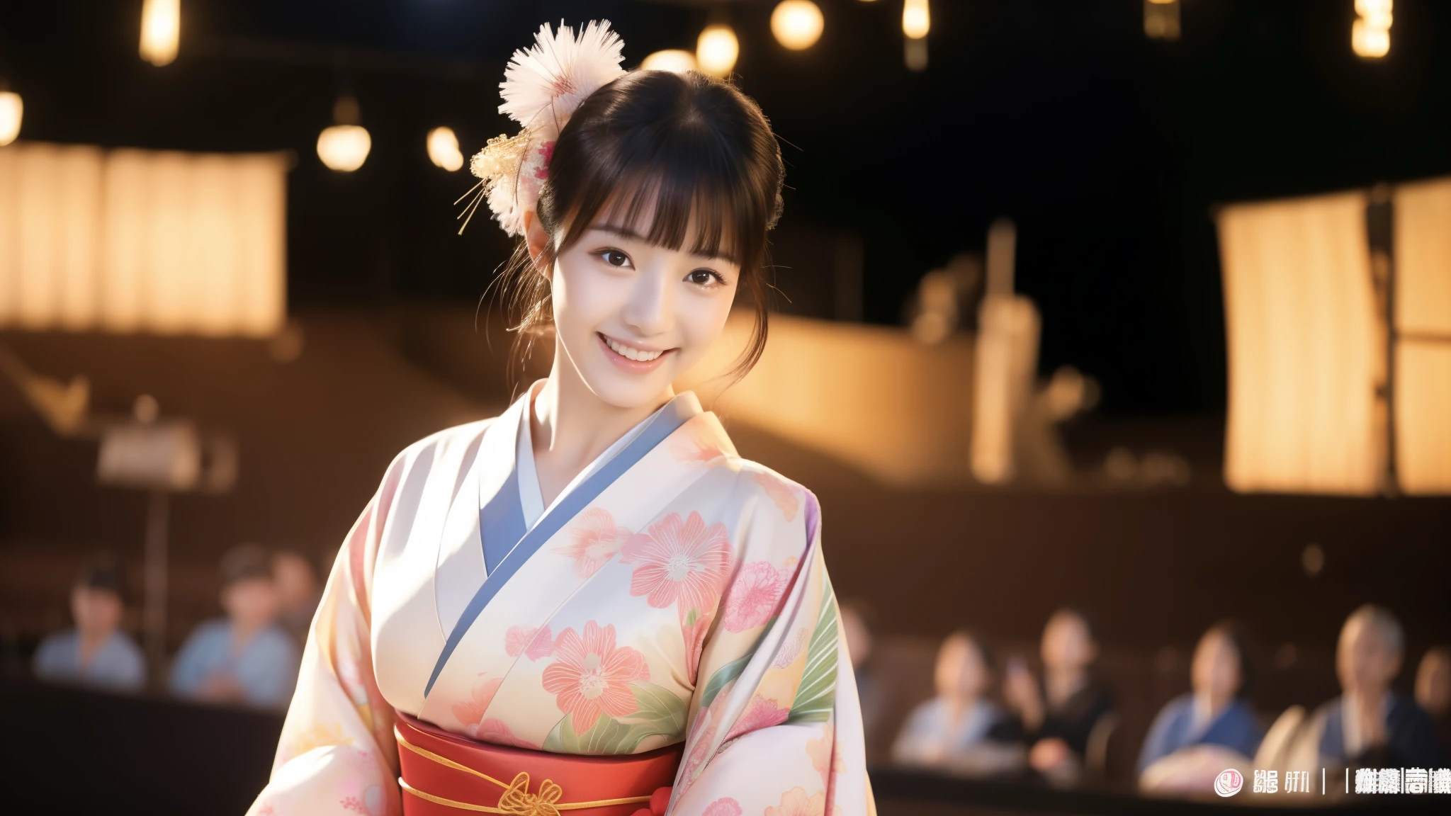 (Dance), (Japanese Dance), (色鮮やかなkimono), smile, With open arms, (１people), (don't split the screen), kimono, (stage), (theater), hole, 現theater, Neatly trimmed bangs、Straight and voluminous bangs、Short bangs, 最high quality、high quality、Best image quality、8k、最High resolution、High resolution、Realistic photos, Healthy body, Beautiful Eyes, Flowing black hair, 色鮮やかなkimono, Calm expression, Soft lighting, Traditional Japanese art style, Vibrant colors, Peaceful atmosphere, Delicate features, Graceful posture, Beautiful Landscape