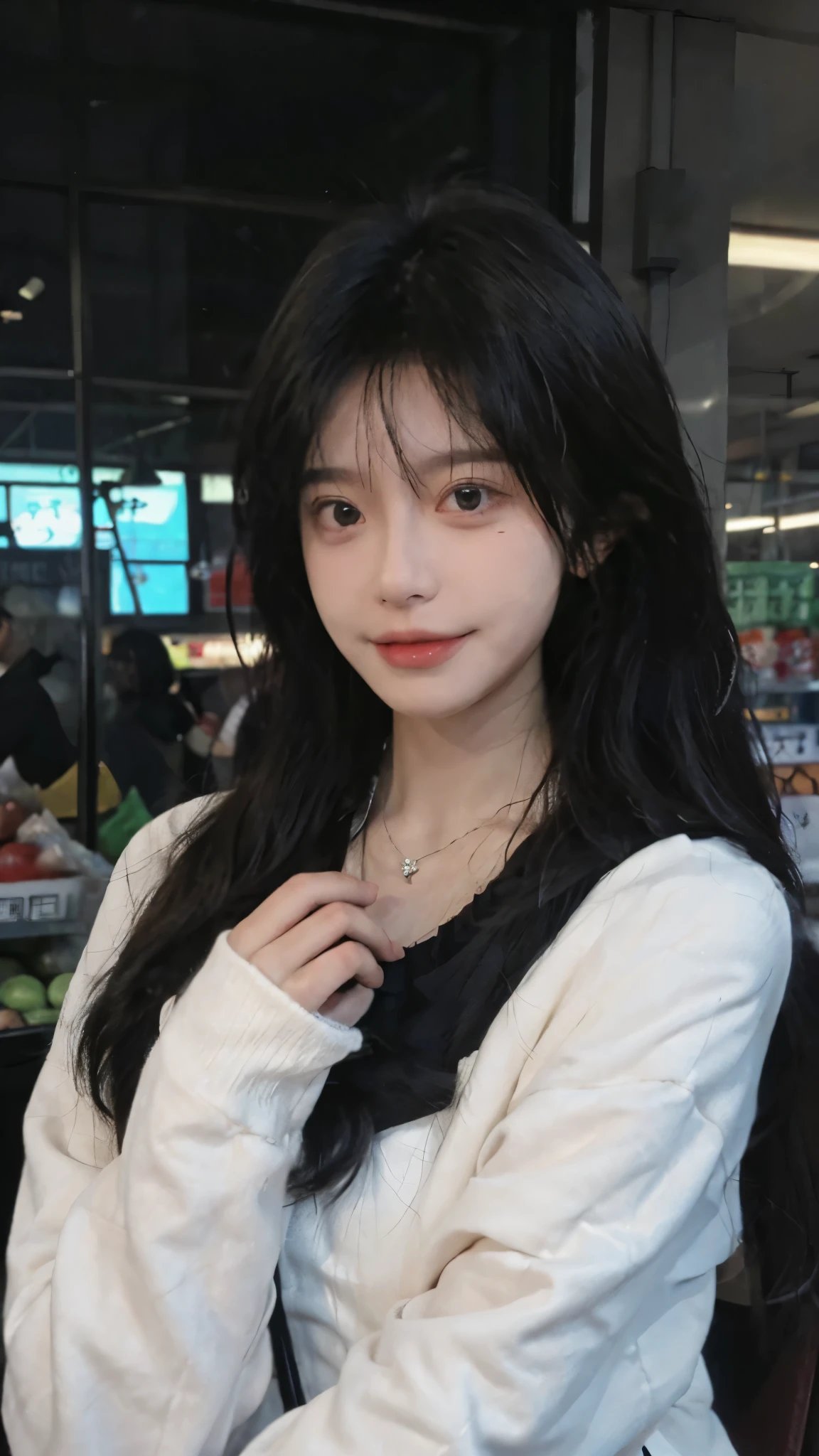 黑色wear mask,Best quality,黑色wear mask,Ultra-high resolution,(Reality:1.4),(黑色wear mask:1.4),Cute hairpins,girll,Cropped black sweater,wear mask,Look directly at the audience,Full of atmosphere,Beautiful woman with a slim figure:1.4,黑色wear mask,supermarket,whole body,Super delicate face,Exquisite eyes,Double eyelids,necklace,黑色wear mask,