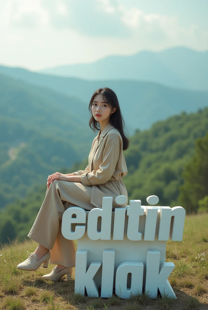 a beautiful Asian girl aged 20 wearing cool clothes. sitting on a 3d text block that says "editin kak". background view from the hill