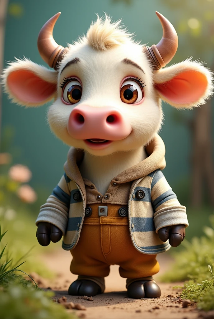 Imagine a lifelike little cow with humorously exaggerated features, oversized, dressed in cute clothes, bright eyes and curiosity, smiling, frontal image, smiling little cow, Disney style, capturing natural textures, although its little paws are slightly larger, they are even cuter. The background is a simple garden, with a focus on natural colors and some green plants, creating bright colors, black and white patterns, and small cows