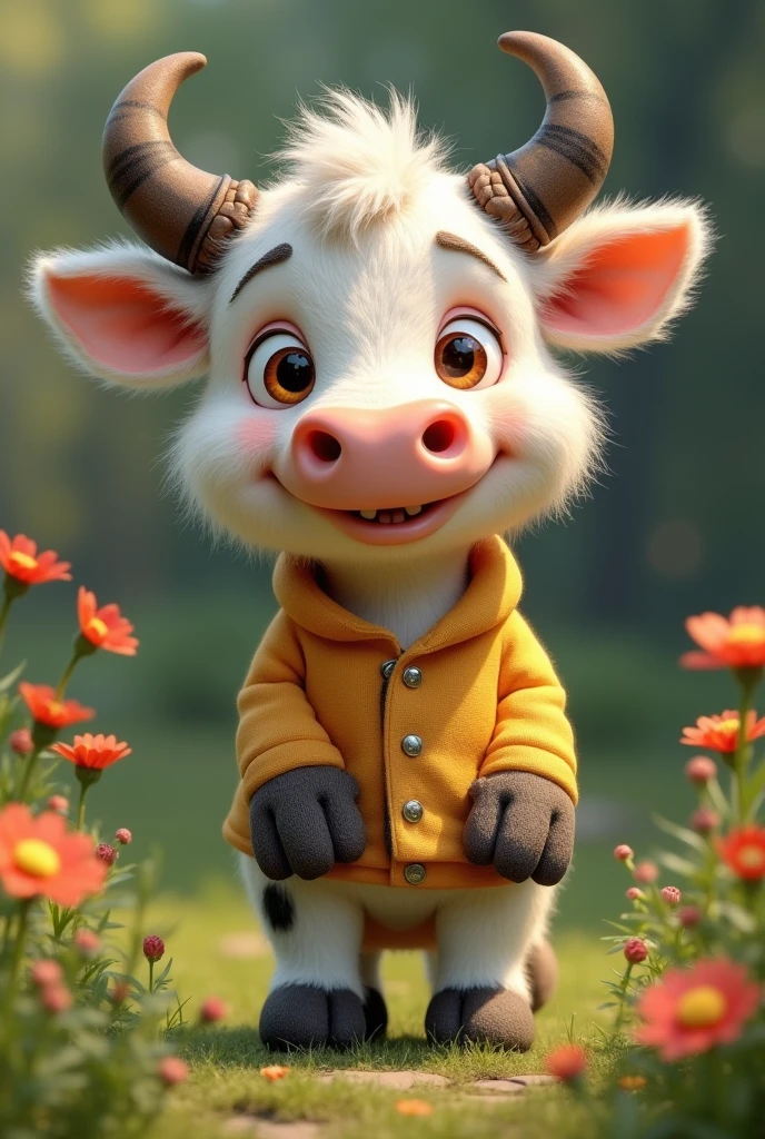 Imagine a lifelike little cow with humorously exaggerated features, oversized, dressed in cute clothes, bright eyes and curiosity, smiling, frontal image, smiling little cow, Disney style, capturing natural textures, although its little paws are slightly larger, they are even cuter. The background is a simple garden, with a focus on natural colors and some green plants, creating bright colors, black and white patterns, and small cows