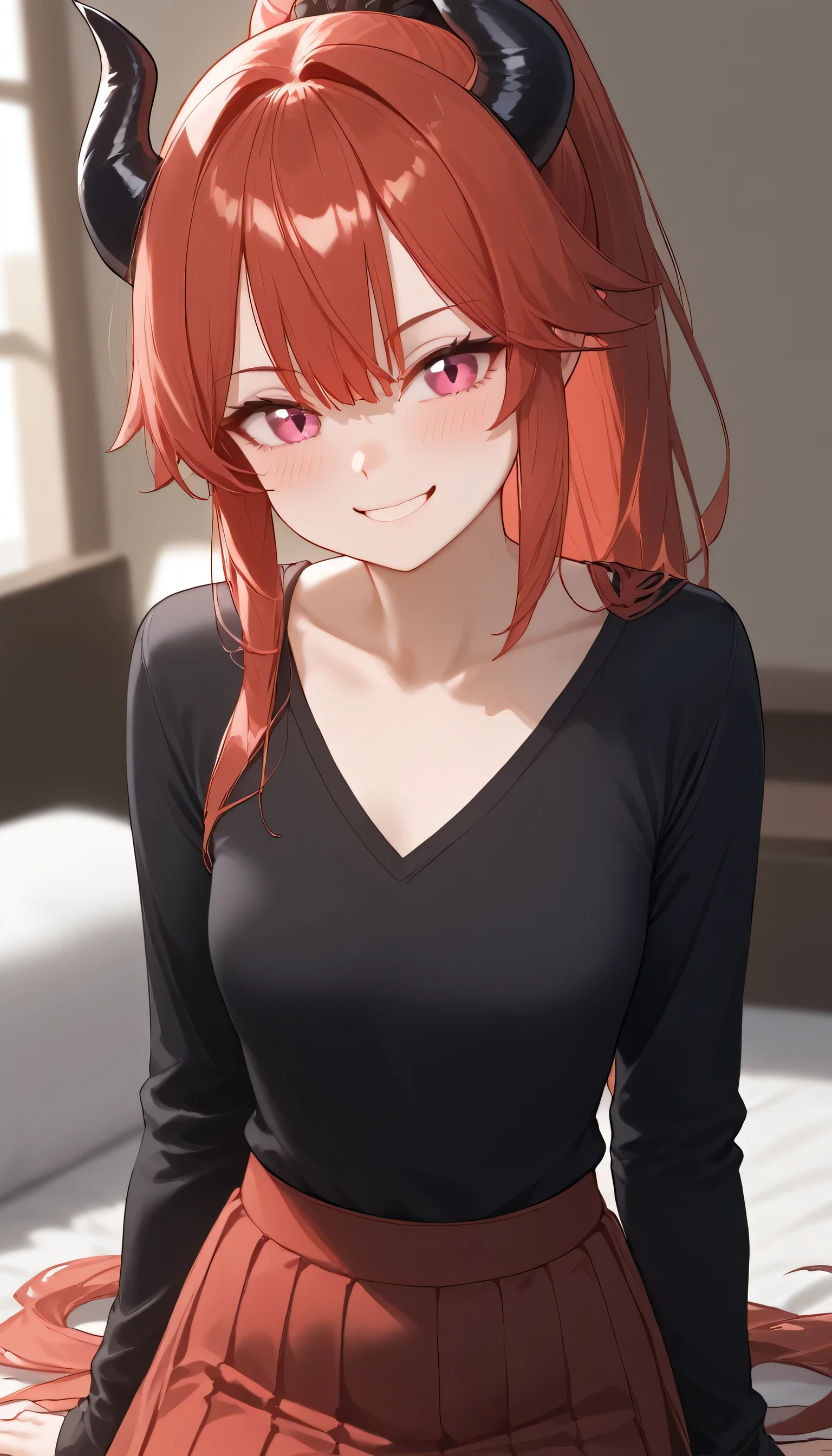 shiny skin, 1girl, ponytail hairstyle, skirt, bangs, hair tie, pink eyes, Heterochromia, (cat pulils), blush, breasts, shirt, small breasts, solo, looking at viewer, red hair, long red hair, black shirt, closed mouth, long sleeves, ponytail hairstyle, collarbone, smile, large smile, ((small horns, black horns, horns towards the bangs, the ends of the horns are on the bangs, dragonian)) 
