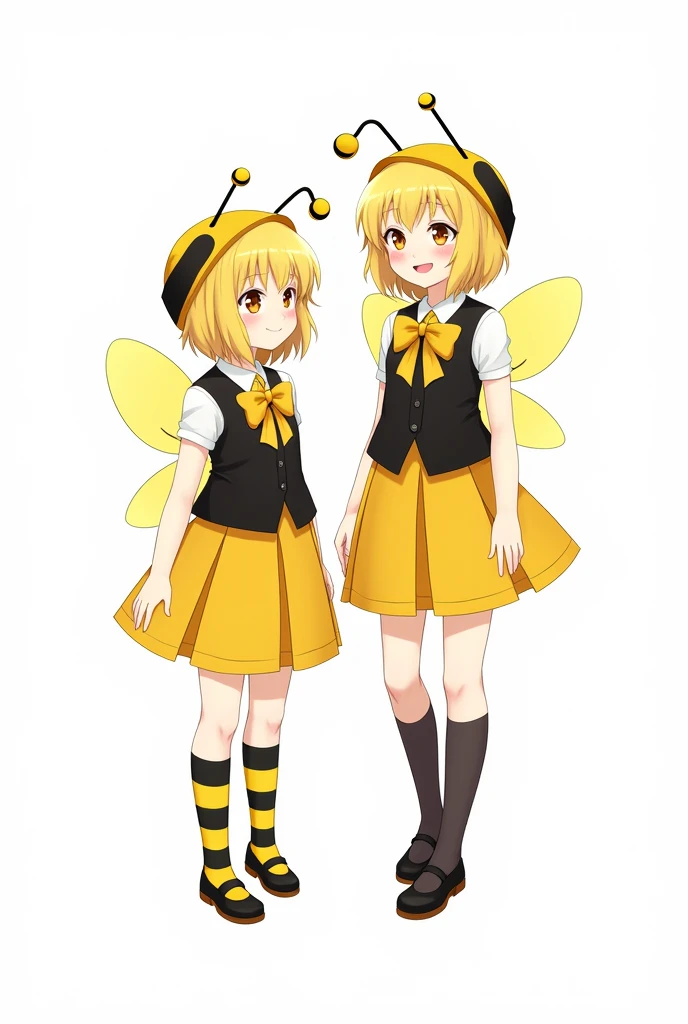 Two girls in matching uniform and yellow short hair, yellow and black striped long socks, yellow skirt, black sleeveless blouse with yellow ribbon, yellow bonnet with antennas, cute bee wings , full body, white background