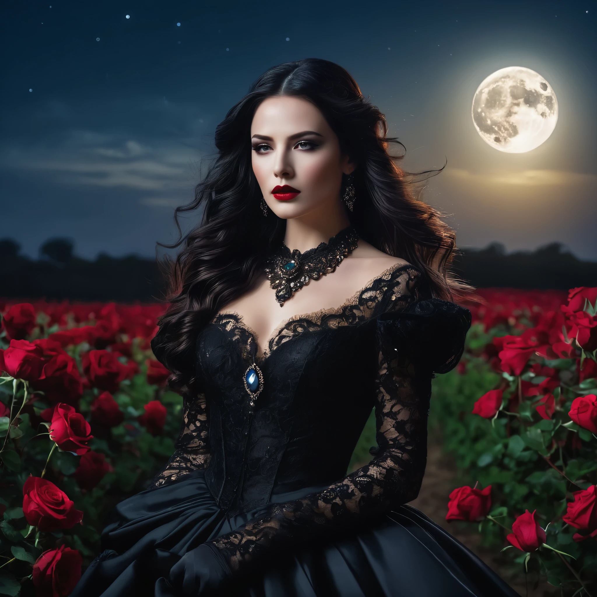 action film, elegant pose, The Lady of Shadows, a beautiful female, grandes olhos negros, mournful look, scarlet lips, pale skin, long black  hair, fluttering in the wind, white dress with lace in baroque style, elegant white gloves on the hands, elegant gold jewelry in clothes and hair, Standing in a field of roses, night time, night  sky, huge bright moon, cold moonlight, Detail eyes, Hiquality, master part