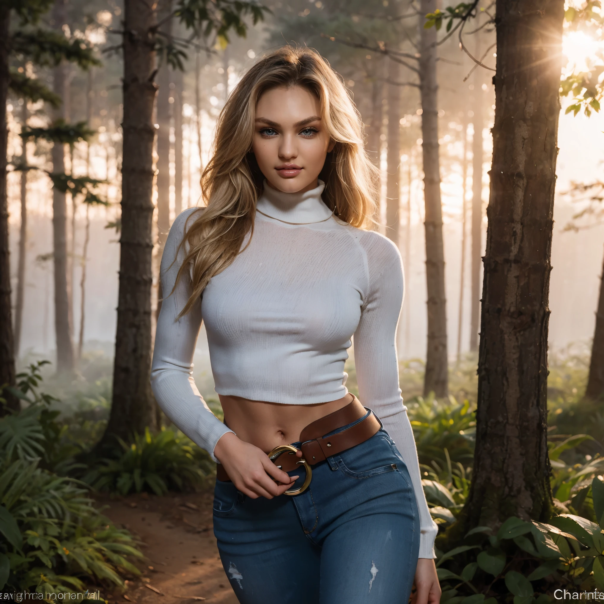 (Best Quality), (ultra-detailliert), (master piece), (hight resolution), 16K resolution, 1 woman, 20 years old, Candice Swanepoel, looking at viewer, close up shot, view from above, sassy smile, radiant smile, seductive, lustful facial expression, confident, white skintight turtleneck, tight blue jeans, white belt with golden buckle, belt fits snugly,  light blue eyes, ((bright blue eyes)), blond hair, hair tied back, (beautiful and detailed face), slender waist, thin body, narrow shoulders, outside, german forest, oak forest, in the middle of the forest, misty mounatins in background, sunrise, sunshine