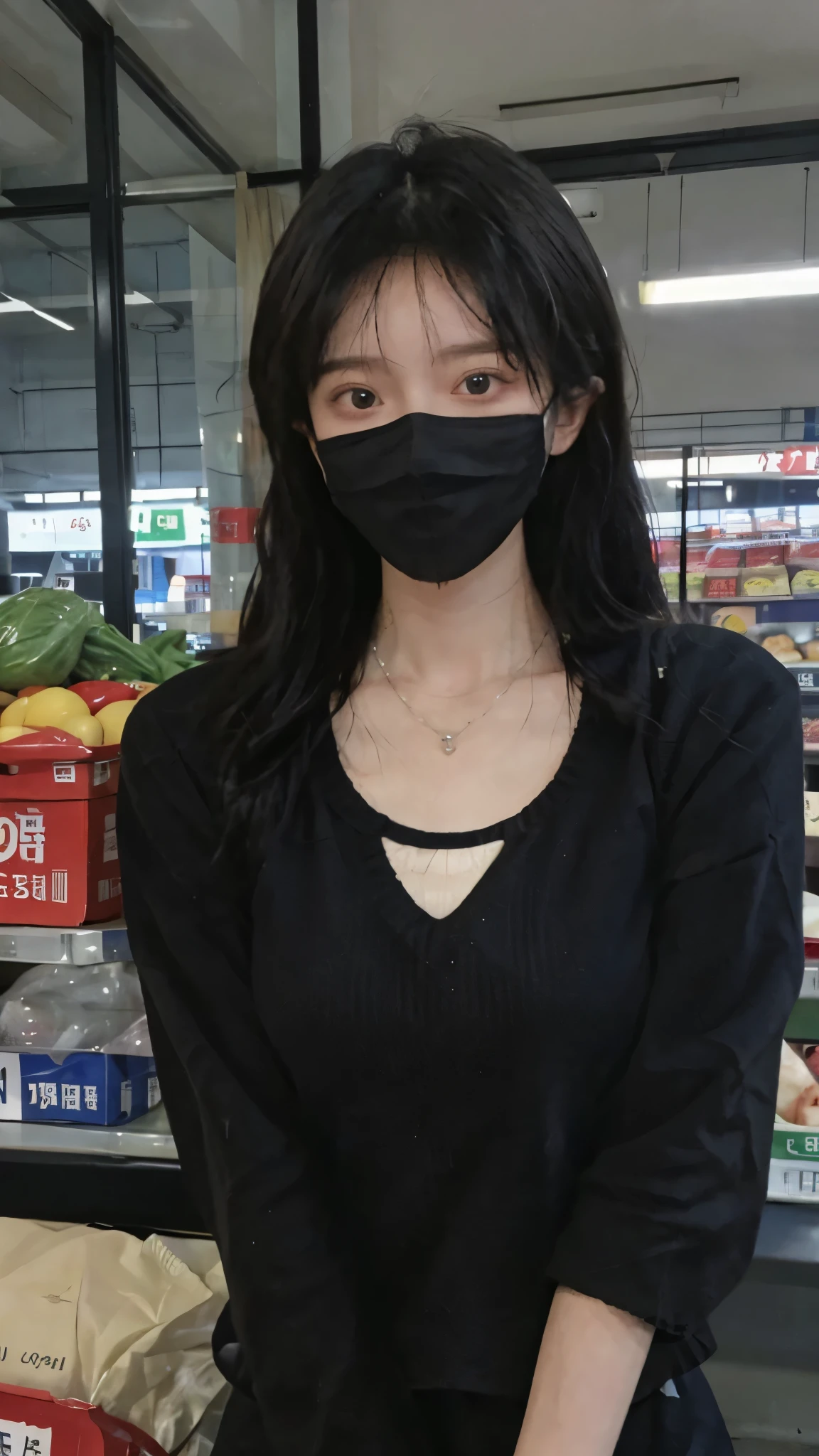 黑色wear mask,Best quality,黑色wear mask,Ultra-high resolution,(Reality:1.4),(黑色wear mask:1.4),Cute hairpins,girll,Cropped black sweater,wear mask,Look directly at the audience,Full of atmosphere,Beautiful woman with a slim figure:1.4,黑色wear mask,supermarket,whole body,Super delicate face,Exquisite eyes,Double eyelids,necklace,黑色wear mask,
