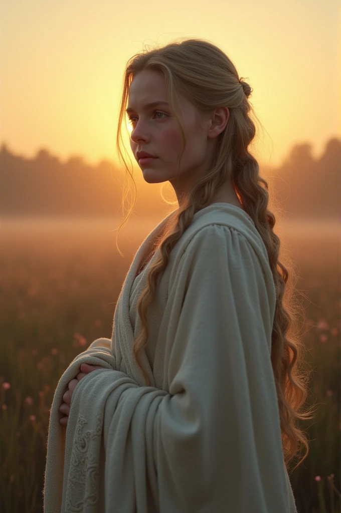 Image Prompt: A serene image of a sunrise over the Roanoke settlement, with a soft focus on Virginia Dare wrapped in a blanket, symbolizing hope and the promise of a fresh start.