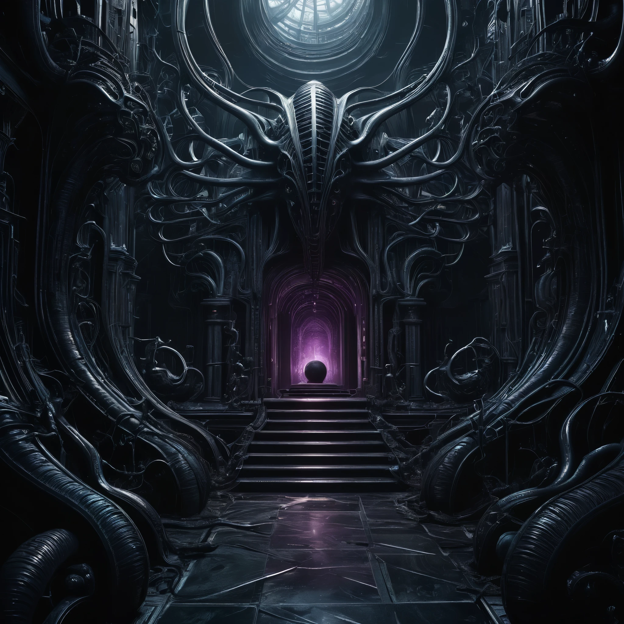 An AI-generated masterpiece depicting a chilling symphony of music resonating from within grotesque, organic structures inspired by H.R. Giger's nightmarish creations. The scene showcases the fusion of art and technology, creating an eerie and surreal ambiance. The image portrays the following elements:
- (best quality, 4k, highres, masterpiece:1.2), ultra-detailed, (realistic, photorealistic, photo-realistic:1.37) rendering: The image is of the highest quality, with intricate details and lifelike textures. The lighting and shadows are meticulously crafted to create a realistic atmosphere.
- Grotesque, organic structures: These otherworldly structures are reminiscent of H.R. Giger's signature style, blending bio-mechanical elements with hauntingly beautiful aesthetics. The intricate details of the structures convey a sense of dark elegance.
- AI-generated music: The air is filled with an ethereal symphony, harmonizing with the surroundings. The music is an AI-generated composition, creating a unique, haunting experience for the viewer.
- Eerie ambiance: The scene exudes a chilling atmosphere, with hints of suspense and mystery. The lighting is subdued but strategically placed to enhance the unsettling mood. Shadows dance across the grotesque structures, adding depth and drama.
- Surreal elements: The image presents a surreal setting that merges the boundaries between reality and dreams. It sparks the imagination and invites viewers to explore the darkest corners of their minds.
- Cinematic color palette: The color palette consists of deep, rich tones, enhancing the eerie atmosphere. Shades of dark blues, purples, and blacks dominate the scene, adding a sense of unease and mystery.
- Unconventional perspectives: The composition features unconventional angles and perspectives, allowing the viewer to immerse themselves in the surreal world. The distorted viewpoints add to the unsettling nature of the image.
- Attention to detail: Every element of the image is m