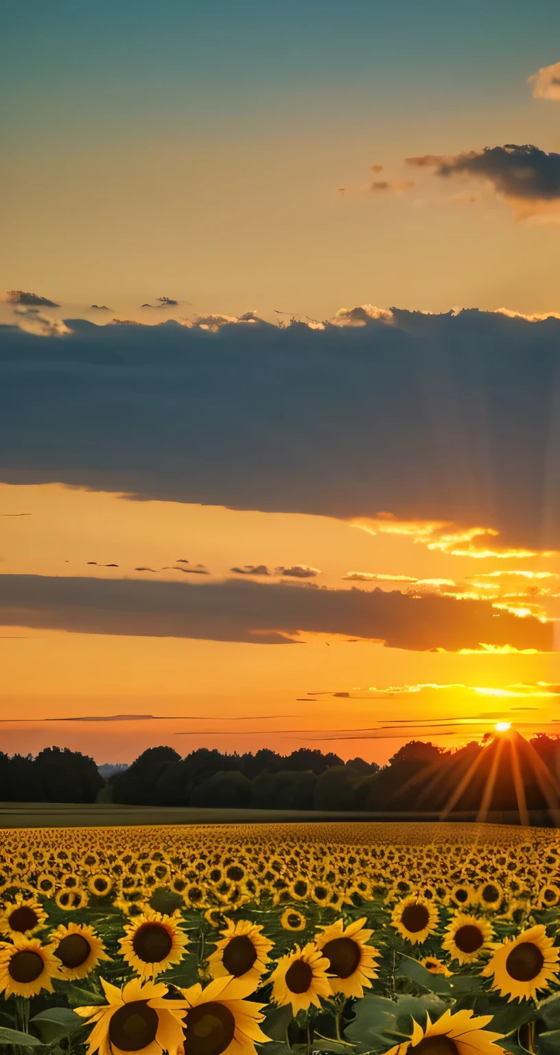 Vast sunflower field、sunset