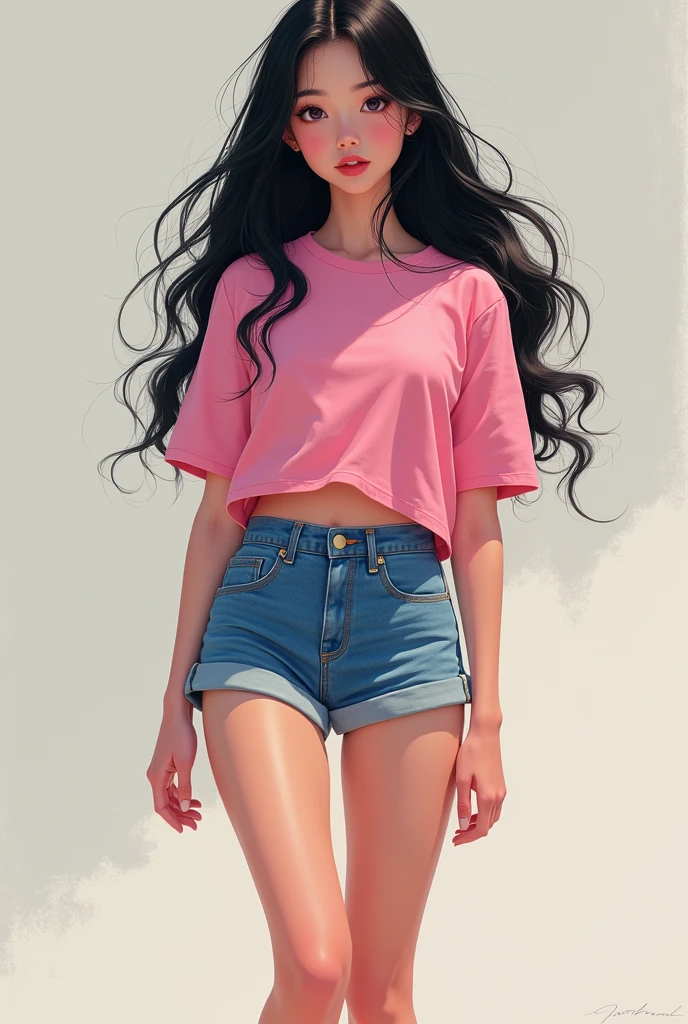 generate image of a girl wearing jeans shorts ,so short that they are not even covering her thigh completely and short pink tshirt with long black hairs and beautiful pinkish feets the feets are of average size