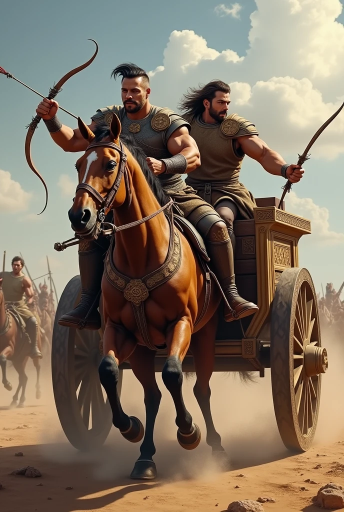 Two men are riding on a big chariot, the man behind has an arrow in his hand, the man behind is pointing at the man in front, both of them having good bodies and personalities ,back side guy throw arrows not front side guy ,front guy riding charriot