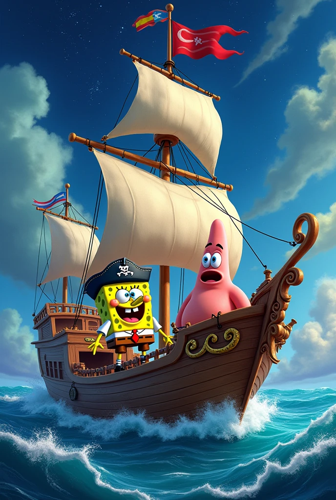 SpongeBob and Patrick Star pirate ship wearing a pirate costume