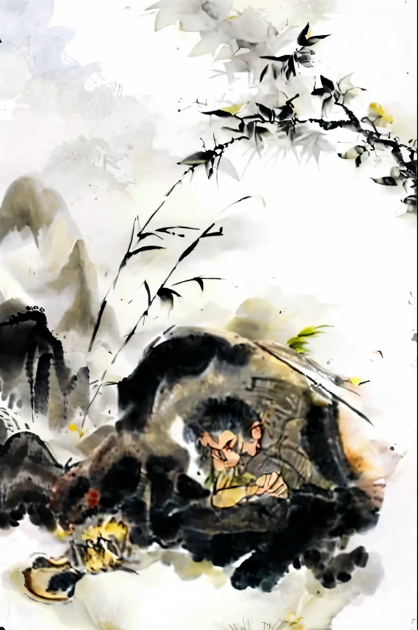 black and white tones:1.3, masterpiece, best quality, tradition chinese ink watercolor paintings:1.2, use thick and light inks to create light and dark changes and layers