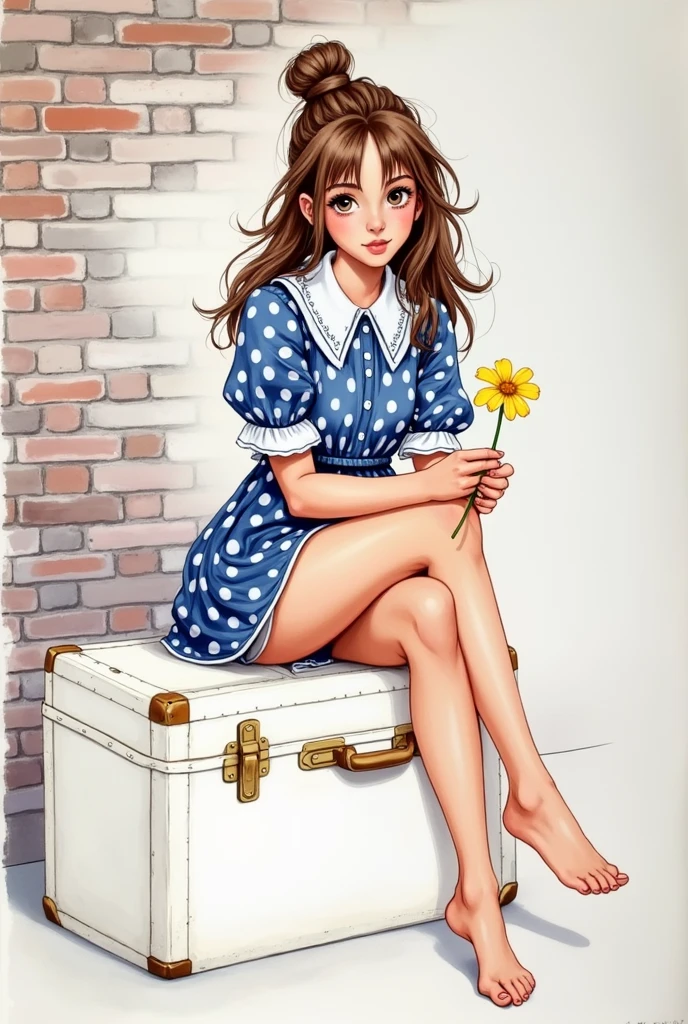 Watercolor, acrylic, free pose. depraved Russian girl sitting on a suitcase, in Soviet style, short summer dress, attractive tomboy girl, white polka dots, with a white collar and white cuffs, in the style of Mikhail Garmash, white socks and black strappy shoes, holding a buttercup in her hands, brown hair gathered in a neat bun, blurred background of a brick wall,dress 
 panties are visible above the waist!