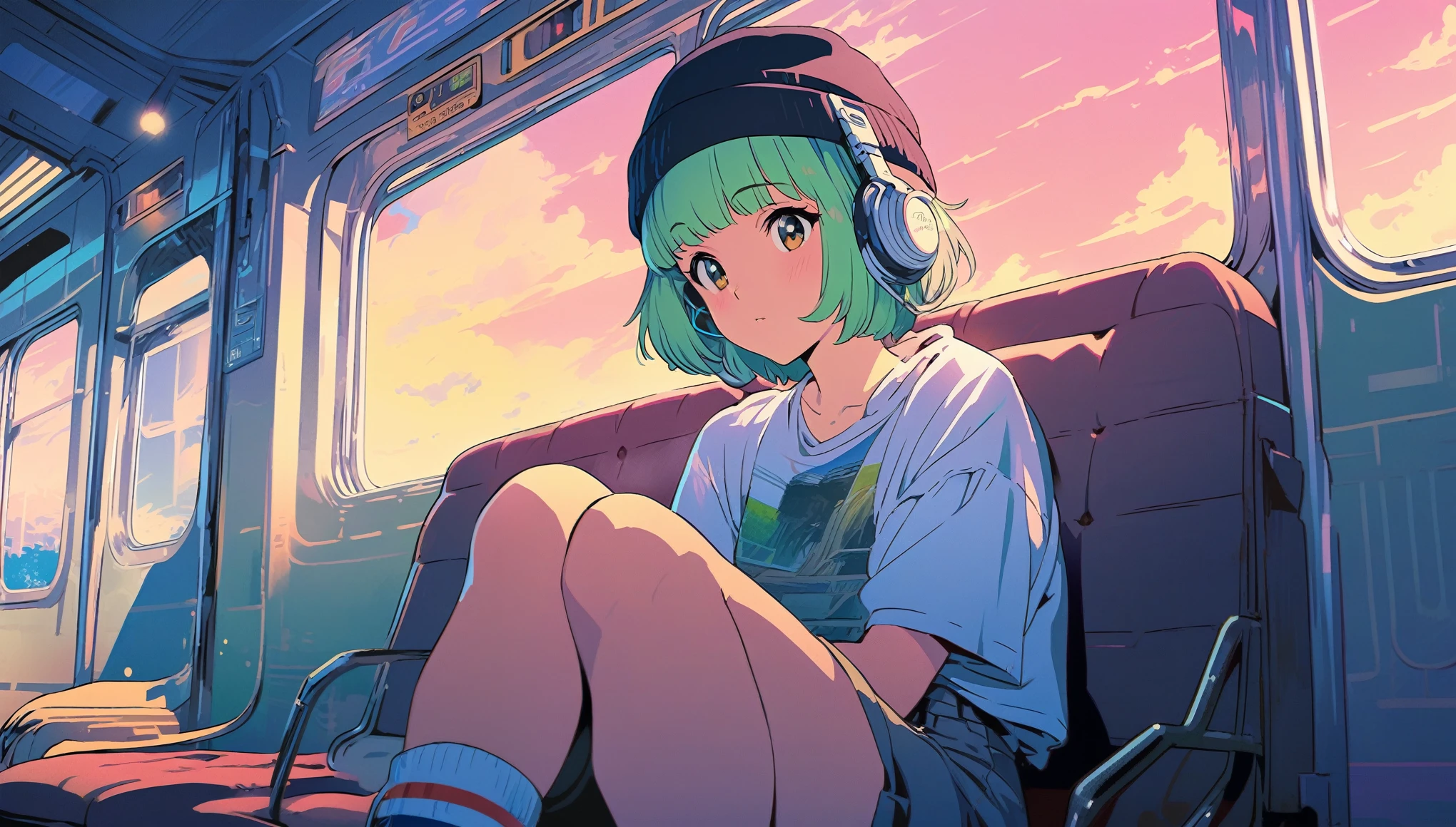 (extremely detailed CG unity 8k wallpaper), (best quality), (best illustration), (best shadow), realistic lighting, beautiful detailed reglow, masterpiece, best quality, lofi artstyle, lofi art, 80s anime style, Retro, Lo-Fi, 1girl, solo, short hair, green hair, sitting, window, headphones, ground vehicle, train interior, anime, bangs, beanie, black headwear,