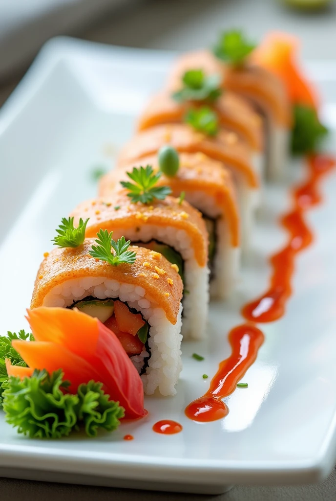 Sushi Spring Rolls:
Sushi rolls with crispy spring rolls and raw vegetables, Each piece of sushi is placed in a straight line with equal distance between them.. Garnish with a thin line of chili sauce., Lightly splatter along the plate to add color while maintaining a minimalist style.