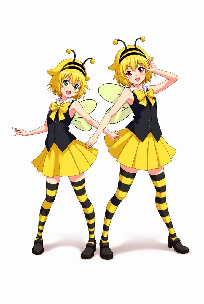 Two anime girls in matching uniform and yellow short hair,yellow and black striped long socks, yellow skirt, duo hero pose, happy, black sleeveless blouse with yellow ribbon, yellow bonnet with antennas, cute bee wings , full body, white background