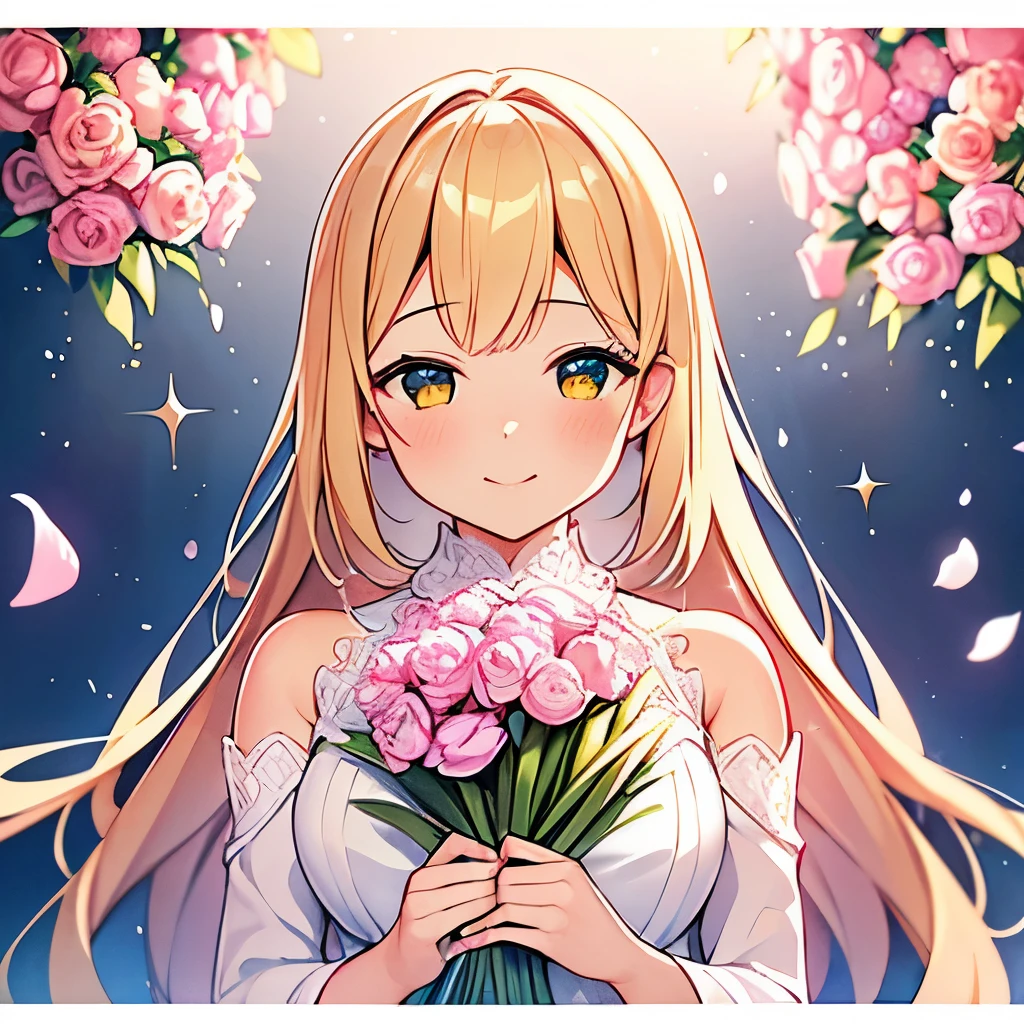Masterpiece、Thick border、Double Contour、High quality、Watercolor Painting、Upper body weight bearing、Very beautiful girl、blonde hair、Angel Cuticle、Beautiful dress in white tones, Yellow and black、Fashion dress、A gentle smile that makes you feel comfortable、Filled with sparkling gems、Realistic and beautiful eyes、conjunctivitis、heroine、Eyes bright and sparkling、ด้วยbunch of flowersสุดหรู、rose, Carnations, etc..々bunch of flowers、Realistic and beautiful traditional white glazed tile castle on background.、Realistic background display、A thread of light falling from the sky、Vibrant background images、The background is delicately written.、Very complex background、 Wislive