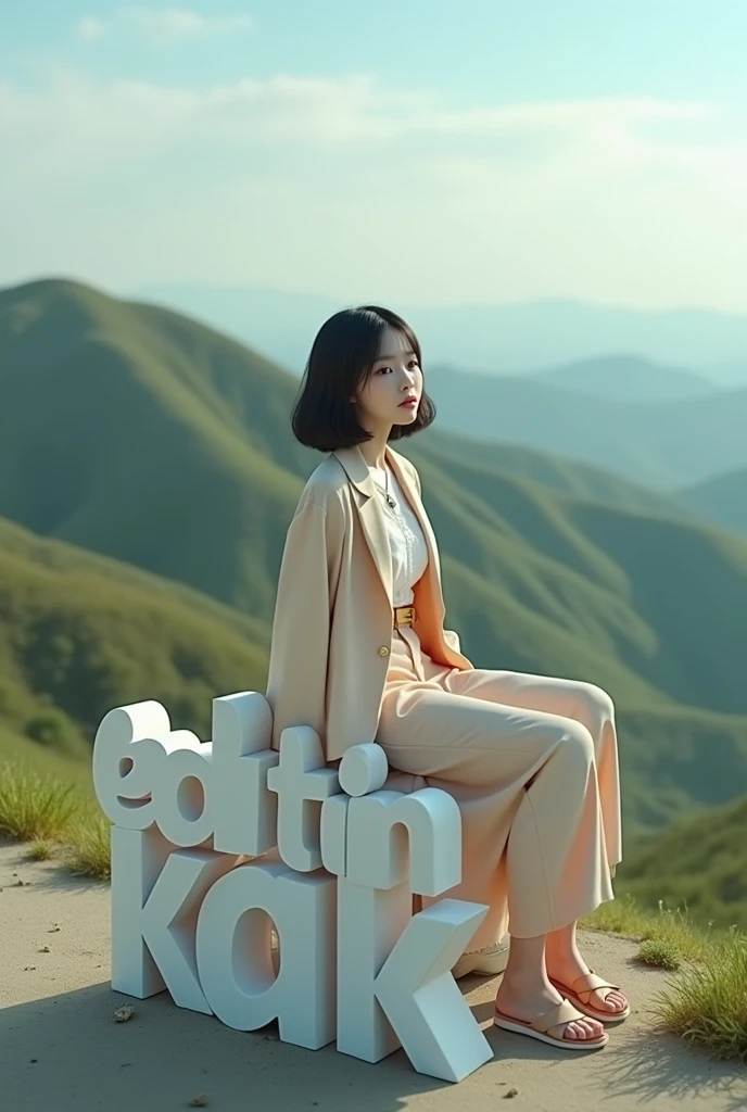 a beautiful Asian girl aged 20 wearing cool clothes. sitting on a 3d text block that says "editin kak". background view from the hill
