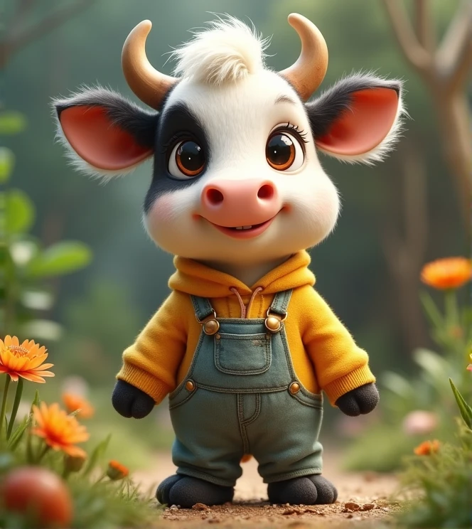 Imagine a lifelike little cow with humorously exaggerated features, oversized, dressed in cute clothes, bright eyes and curiosity, smiling, frontal image, smiling little cow, Disney style, capturing natural textures, although its little paws are slightly larger, they are even cuter. The background is a simple garden, with a focus on natural colors and some green plants, creating bright colors, black and white patterns, and small cows