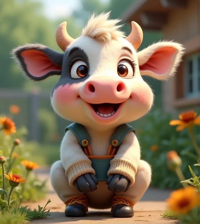 Imagine a lifelike little cow with humorously exaggerated features, oversized, dressed in cute clothes, bright eyes and curiosity, smiling, frontal image, smiling little cow, Disney style, capturing natural textures, although its little paws are slightly larger, they are even cuter. The background is a simple garden, with a focus on natural colors and some green plants, creating bright colors, black and white patterns, and small cows