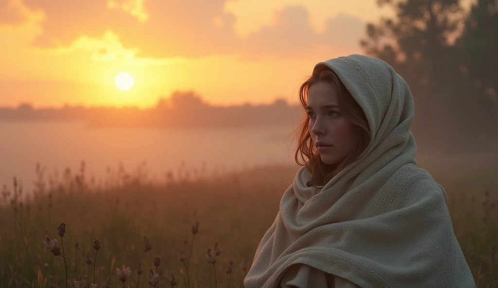 Image Prompt: A serene image of a sunrise over the Roanoke settlement, with a soft focus on Virginia Dare wrapped in a blanket, symbolizing hope and the promise of a fresh start.