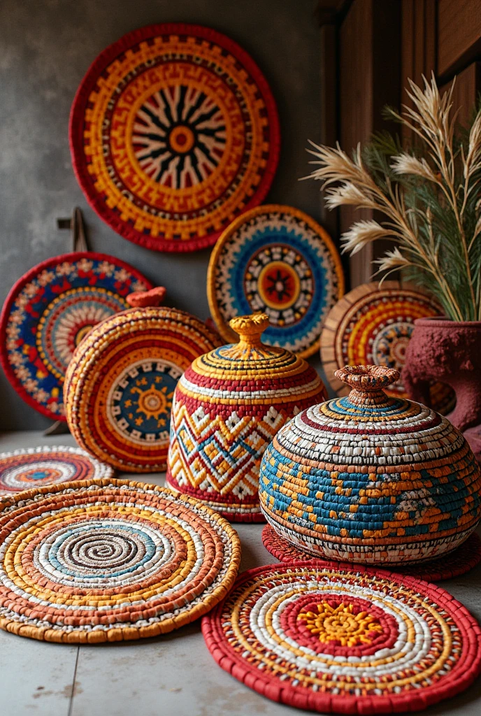 一堆 mengkuang mats and decorated with kelarai using two different colors and two sizes , one size small one size large