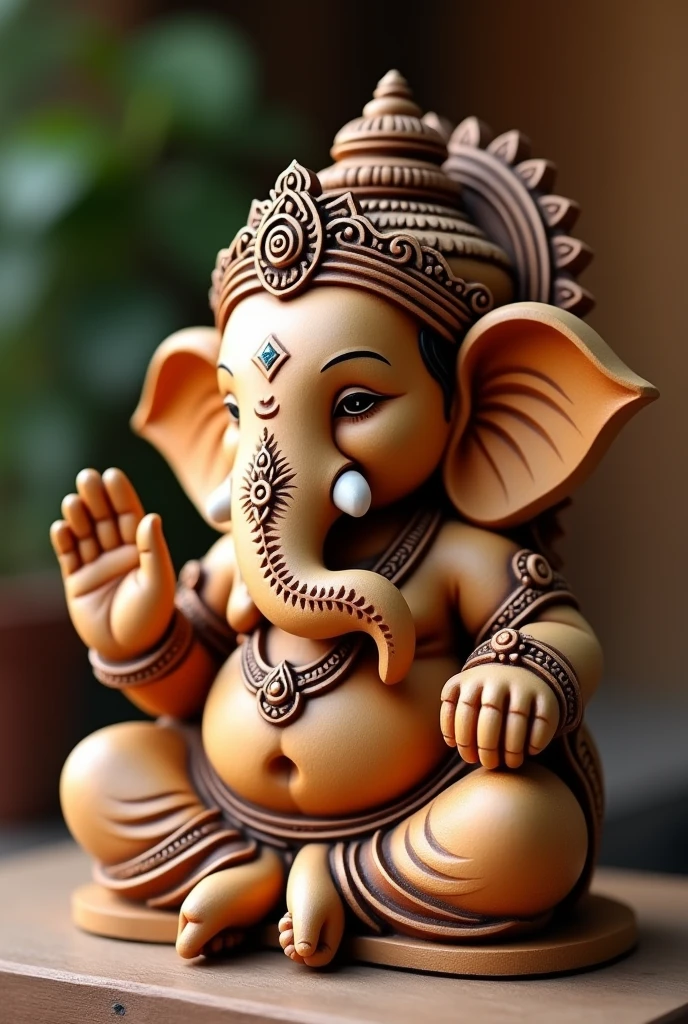 Please create an image of a unique wooden Ganpati murti with a kind and gentle expression. The murti should be in a sitting pose, with one hand raised in blessing. The design should feature intricate yet distinct carvings, emphasizing traditional elements while maintaining a unique and original look. The wood should have a smooth with fine details