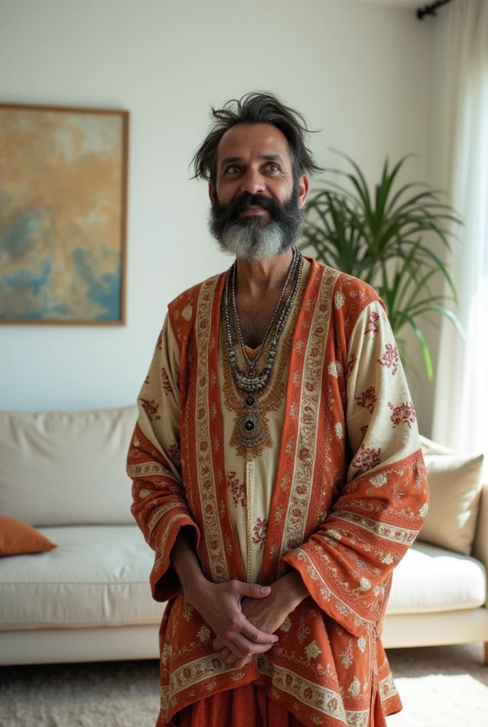 A candid photo of an eccentric artistic indian male man in ethnic dress, posing in a white modern living room, black and brown pastel colors, 35mm Kodak photography