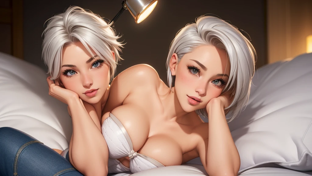 (best qualityer, ultra detali, photorrealistic: 1.39), bright and vibrant colors, studio lighting, romantic expression, short jeans, Strapless dress, platinum undercut, silver hair, breasts small, adjusting, shorth hair, mercenary, sorriso sexy, Cute bow in the hair