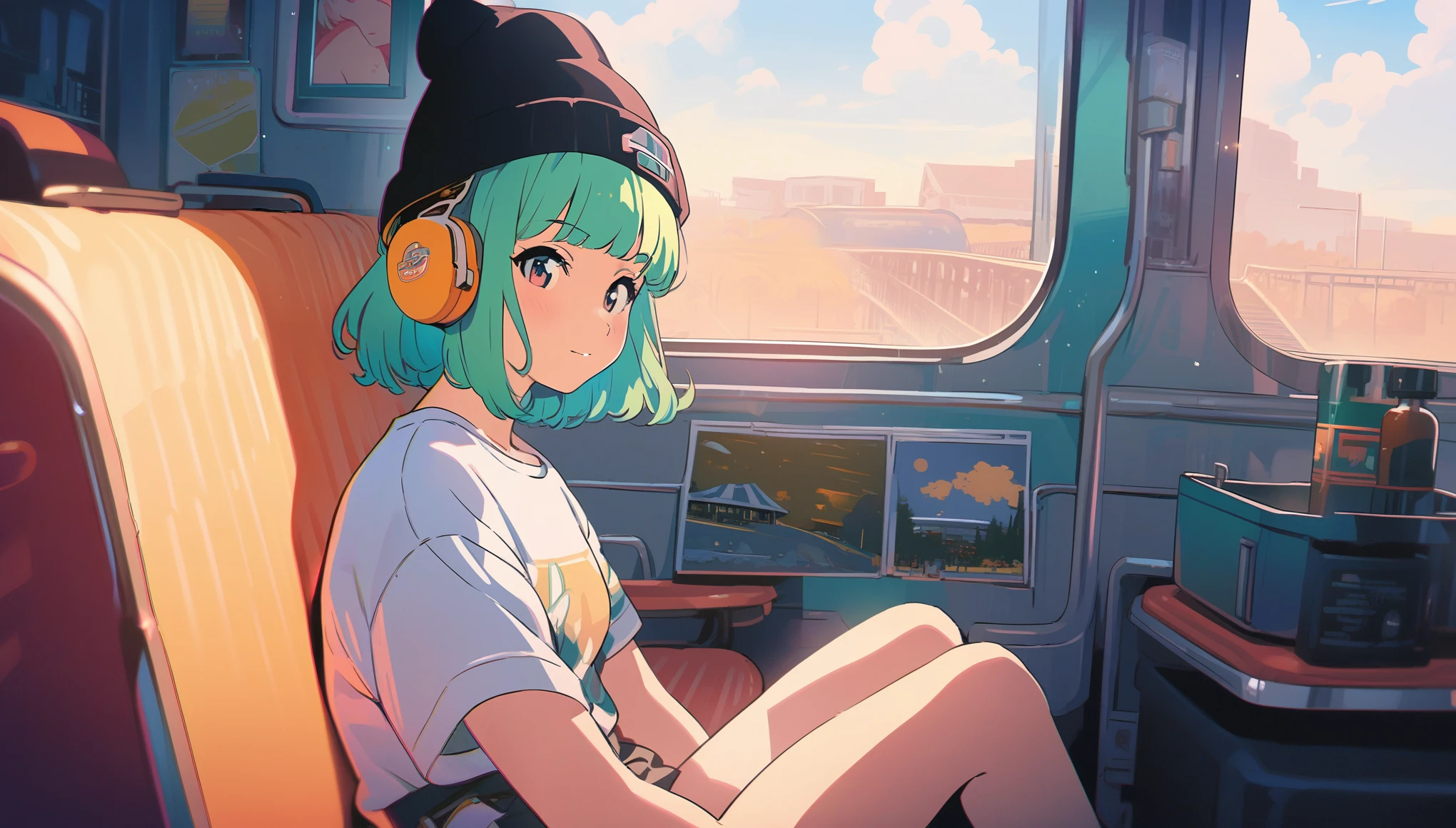 (extremely detailed CG unity 8k wallpaper), (best quality), (best illustration), (best shadow), realistic lighting, beautiful detailed reglow, masterpiece, best quality, lofi artstyle, lofi art, 80s anime style, Retro, Lo-Fi, 1girl, solo, short hair, green hair, sitting, window, headphones, ground vehicle, train interior, anime, bangs, beanie, black headwear,