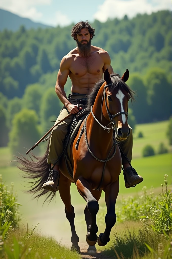 Naked farmer riding a horse