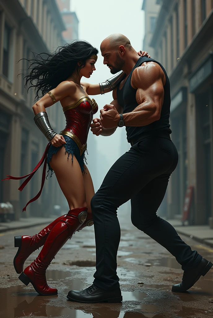 A toned athlete, muscular, blue eyes, black hair Wonder Woman with ((silver wrist gauntlet:1.2)), ((Red knee high boots:1.2)) getting punched and falling to the ground by a bald guy with giant muscles wearing black suits. They are punching each other in the dark alley. Wounded all over. They are very sweaty. ((destroyed clothes:1.3)). Torn and tattered costumes and spats, ((clenched fist)). very delicate muscles. Looking at each others. bare shoulders, mature, sexy, elastic muscles, (muscles:1.2), ((strong and healthy body)), long legs, curves, (big breasts:1.2). ((wet with sweat)), concept art, realistic,