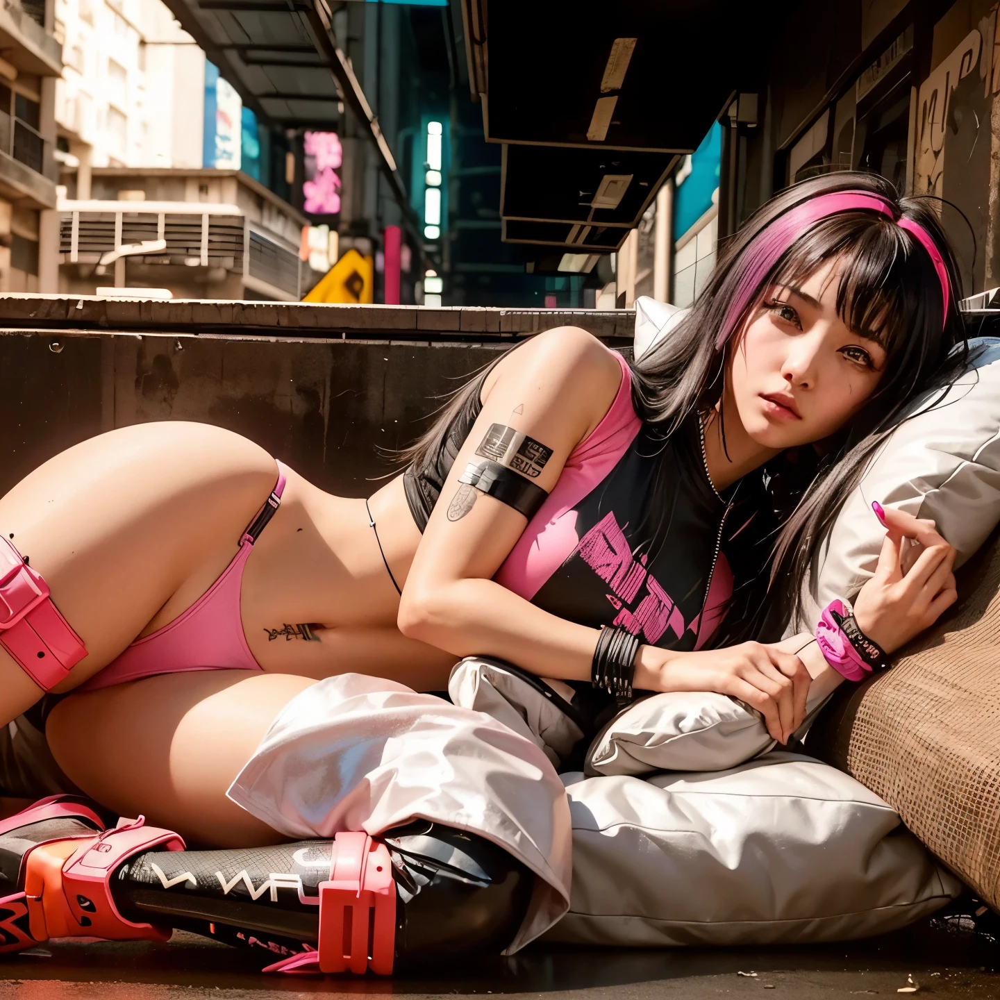 a woman in a pink bikini and black jacket sitting on the street, cyberpunk art style, cyberpunk 2 0 years. o model girl, hyper-realistic cyberpunk style, Cyberpunk vibes, cyberpunk style , Hyper realistic, cyberpunk beautiful girl, cyberpunk art ultrarealistic 8k, cyberpunk girl, cyberpunk art, female cyberpunk anime girl, in cyberpunk style, Judy Alvarez Cyberpunk