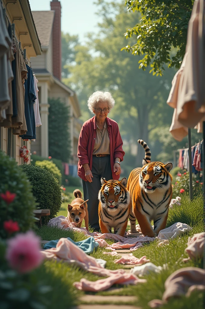 The neighbor, Mrs. Jenkins, steps out and sees the chaos. She’s startled at first, thinking ghosts are haunting her yard, but then she recognizes the playful tiger and dog pair. Mrs. Jenkins chuckles at the sight of the two (tiger &, dog)covered in laundry, realizing they meant no harm