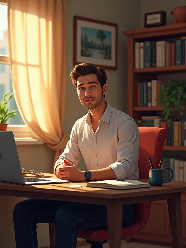 Create an image of an male sitting in a comfortable, well-lit room. He is seated at a desk, which has a few books, a laptop, and his smartphone on it. The man has a calm expression and is looking directly at the camera in front of him. His clothing is casual but neat, and the room has a warm ambiance with soft lighting, a comfortable chair, and a few personal items on the desk, such as a pen holder and a family photo. In the background, there are a few framed pictures on the wall, a bookshelf filled with books, and a window with partially drawn curtains letting in natural light."
