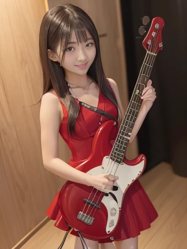 Japanese female, (underweight), (flat chest best quality:1.5), 30 years old, (cheerful grin:1.1),rock band,
live house, electric bass player, standing, wavy hair, (red dress), with a electric bass, Japanese, (full body shot:1.2), (low angle shot), soft lighting, (spot lighting:1.4)