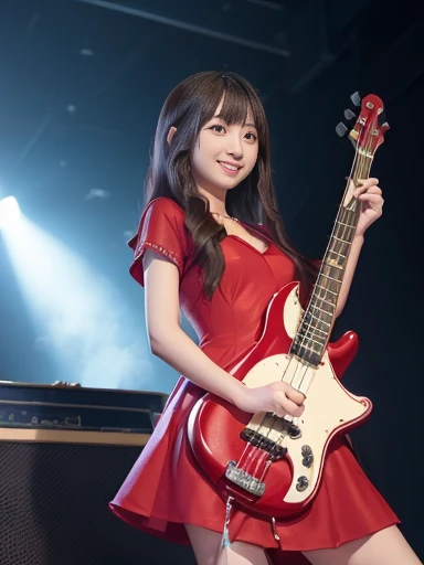 Japanese female, (underweight), (flat chest best quality:1.5), 30 years old, (cheerful grin:1.1),rock band,
live house, electric bass player, standing, wavy hair, (red dress), with a electric bass, Japanese, (full body shot:1.2), (low angle shot), soft lighting, (spot lighting:1.4)