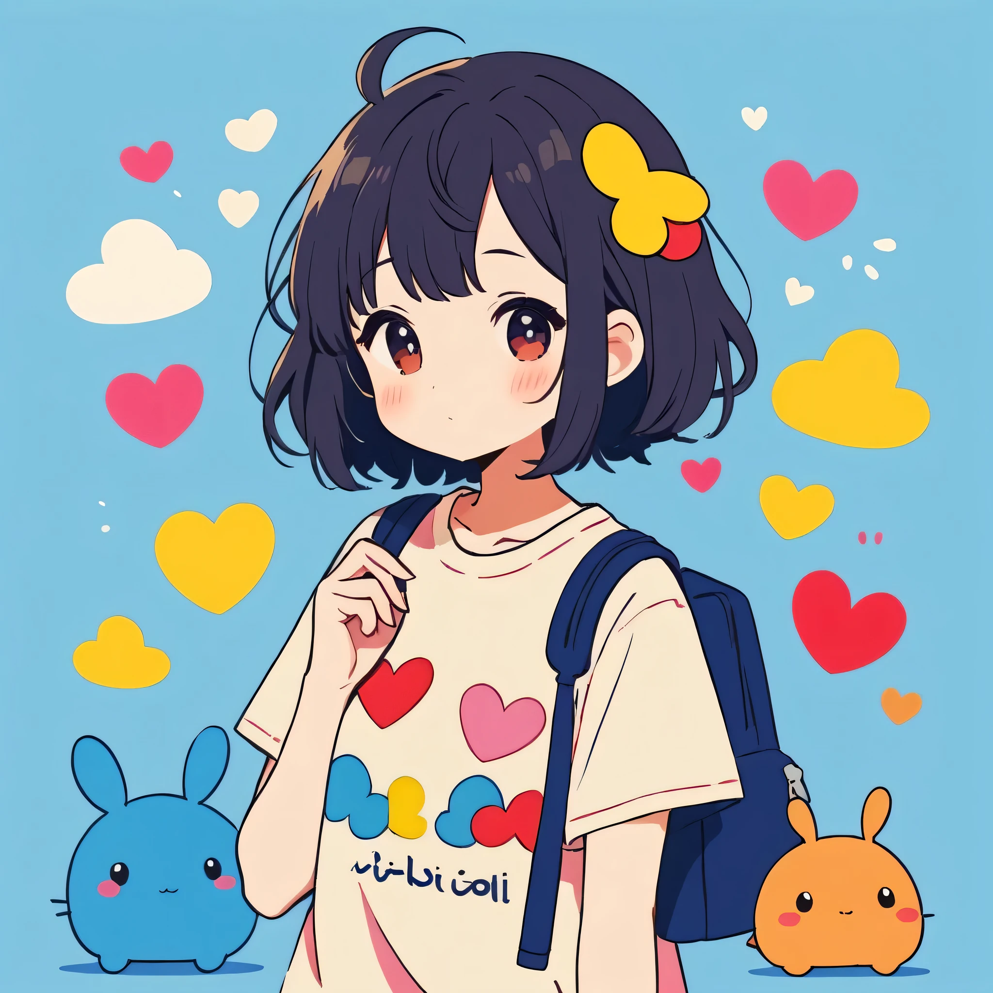 Makoto Shinkai colorful style, Simple Line Initialism,Abstract art,Kawaii Design, The most beautiful girl of all time、chibi, (((Cute pillbugs))), colorful hearts, summer version