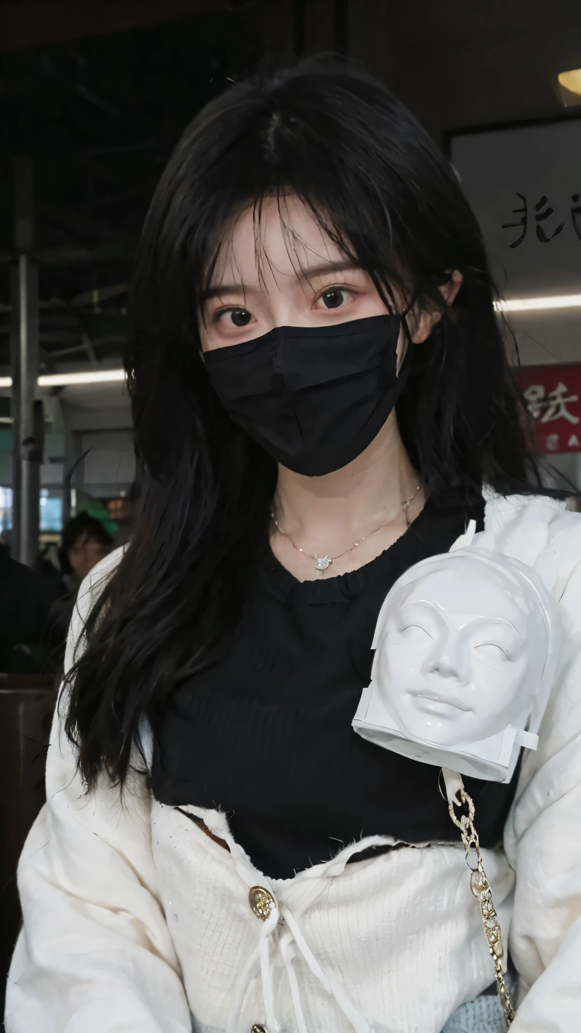 黑色wear mask，Best quality，黑色wear mask，Ultra-high resolution，(Reality:1.4)，（黑色wear mask:1.4），Cute hairpins，girll，Cropped black sweater，wear mask，Look directly at the audience，Full of atmosphere，Beautiful woman with a slim figure:1.4，黑色wear mask，supermarket，whole body，Super delicate face，Exquisite eyes，Double eyelids，necklace，黑色wear mask，
