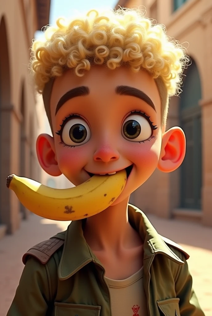 Little Moroccan boy blond curly military haircut military cut teenager with a banana in his mouth 